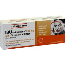 Eine Packung IBU-ratiopharm 200 mg Schmerztabletten gegen Schmerzen und Fieber.