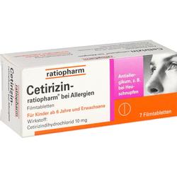Eine Schachtel Cetirizin-Tabletten gegen Allergien für Kinder ab 6 Jahren und Erwachsene.