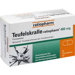 Packung mit 50 Teufelskralle-Tabletten von Ratiopharm zur Unterstützung der Gelenke.