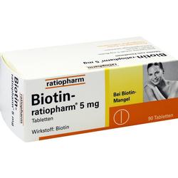 Schachtel Biotin-Tabletten von ratiopharm mit 90 Tabletten bei Biotin-Mangel.