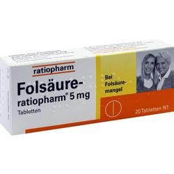 Schachtel mit Folsäure-Tabletten von Ratiopharm, 20 Stück gegen Folsäuremangel.