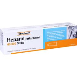Eine Verpackung der Heparin-ratiopharm 60.000 Salbe zur Behandlung von Verletzungen.