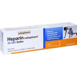 Eine Schachtel Heparin-Salbe von Ratiopharm zur Behandlung von Sportverletzungen.