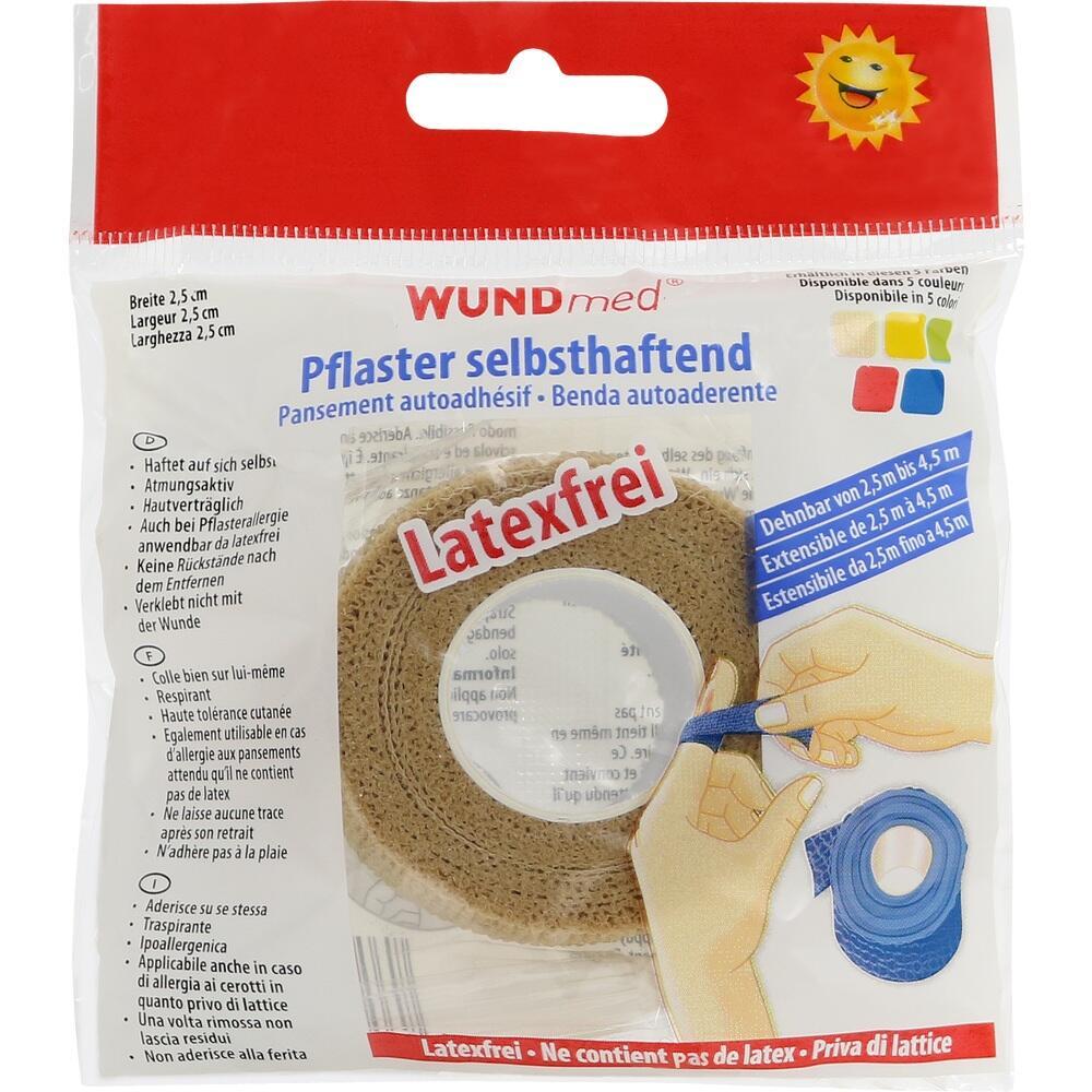Verpackung eines selbsthaftenden, latexfreien Pflasters mit Abbildung und Produktinfos.