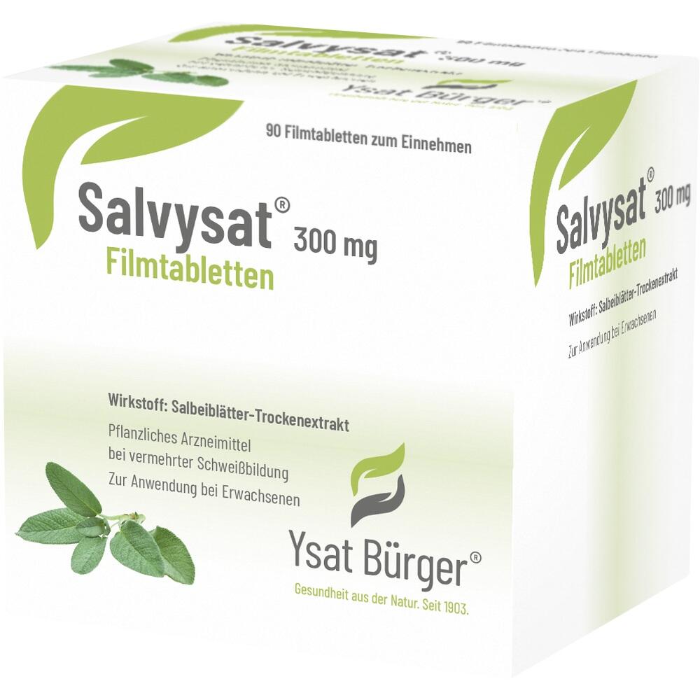 Weiße Verpackung von Salvisat 300 mg Filmtabletten mit grünem Blatt-Design.
