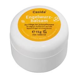 Weiße Dose mit gelbem Aufkleber für Engelwurzbalsam gegen Schnupfen.